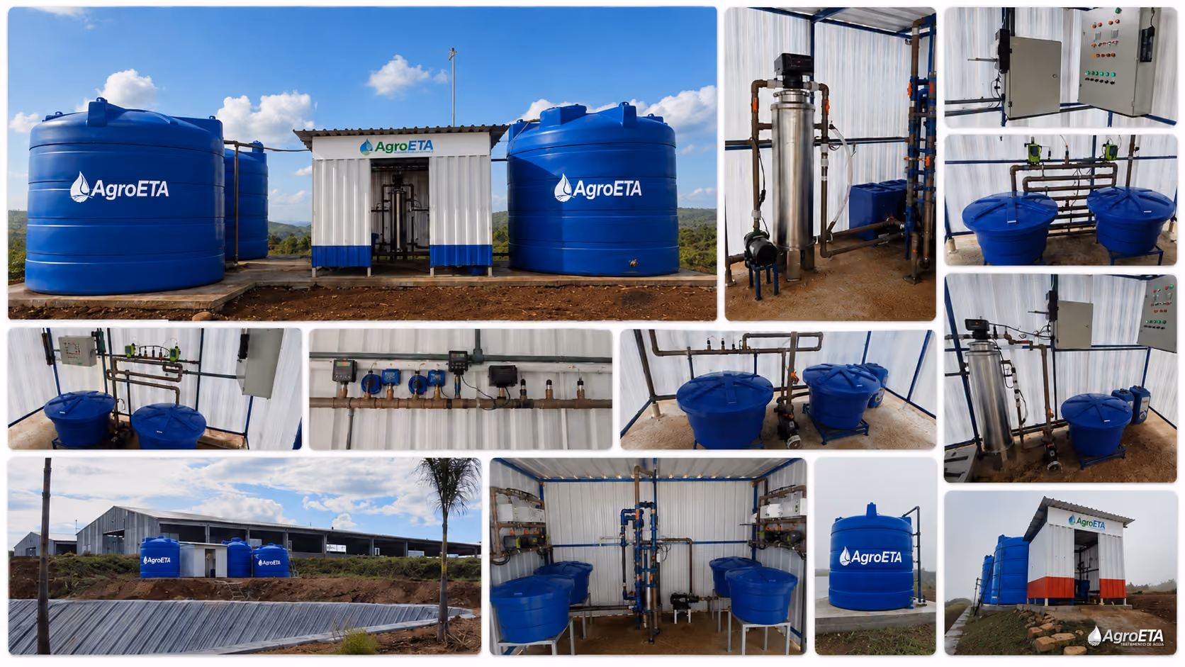 Colagem de fotos reais de estações de tratamento de água instaladas pela AgroETA: reservatórios, abrigos, filtros e painéis de automação